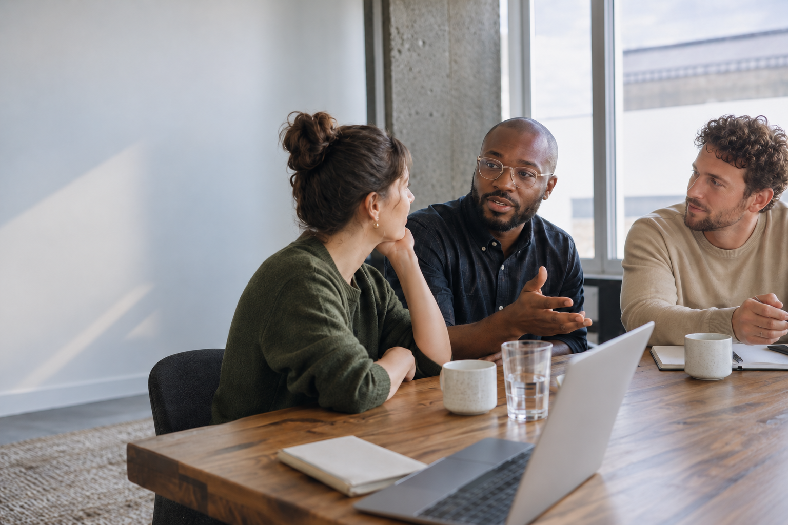 Three coworkers listening and talking together in a workplace